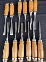 Full view of 12 chisels laid out showing handles and blade profiles