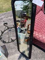 Full view of mirror showing black wooden frame and etched floral glass design with surrounding outdoor scene reflected.