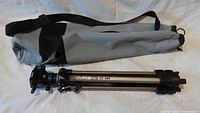 Tripod folded inside grey carry bag