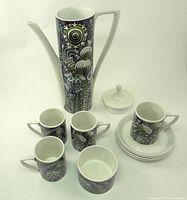 Full coffee set showing coffee pot, cups, saucers, sugar bowl