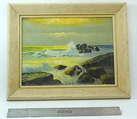 Seascape painting in light wood frame with ruler for scale