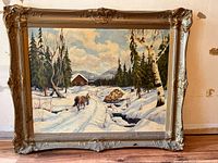 Full view of the signed, framed oil painting showing a winter scene with horse, person, cabin and snowy forest.
