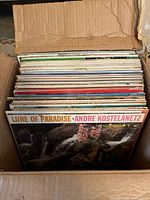 Box filled with old vinyl records, showing tops of covers with various colors and designs, including "Lure of Paradise - Andre Kostelanetz" prominently visible.