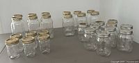 Photo showing all 28 jars arranged in groups by size on table, clear glass with metal lids