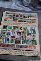 First stock sheet showing a colorful array of Caribbean and Pacific islands stamps with handwritten country labels on top.