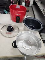 All components laid out: cooker base, lid, inner pot, steamer tray