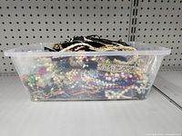 Clear tote filled with assorted jewelry on shelf