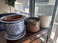 Set of three ceramic planter pots arranged on a wooden table by a window showing their designs and contents.