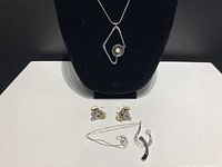 Photo showing pendant on chain displayed on black bust, with earrings and chain laid on white surface