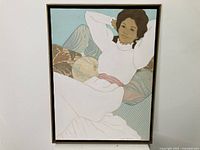 Full front view of framed oil on canvas painting showing woman reclining on cushions with white dress and pink belt.