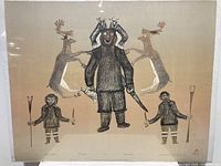 Full view of lithograph artwork depicting six figures in traditional Inuit style on beige background.