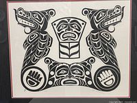 Full view of the black and white silkscreen print showing Indigenous-themed imagery.