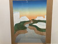 Full view of the lithograph showing a stylized landscape with snow cliffs, river, and gradient sunset sky.