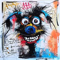 Front view of the full painting showing smiling dog portrait