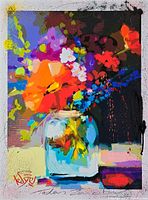 Front view of vivid floral mixed media painting with signature visible