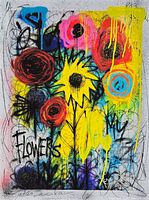 Front view showing neon floral design, charcoal accents, glitter highlights and artist signature