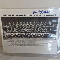 Full view of black and white 1950 Cleveland Browns team photo showing all players with printed names and positions along with Frank Gatski signature at the top