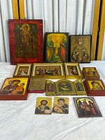 Overview of all icons, prints, triptych and book laid out on table