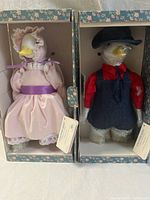 Pair of vintage Dakin Country Goose plush dolls dressed in country outfits, displayed in original floral boxes with hang tags visible.