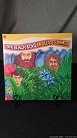 Front cover of The Beach Boys 'Endless Summer' vinyl album showing illustrated band members with colorful tropical foliage and title.