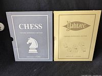 Chess and Yahtzee Vintage Bookshelf Edition game boxes side by side showing front.