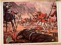 Print depicting a military battle with infantry in red uniforms and soldiers on horseback charging in mountainous terrain.