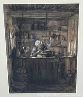 Full view of framed charcoal and pastel artwork