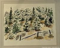 Full view of painting within mat showing forest scene and signature