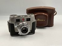 Front view of Iloca camera and leather case