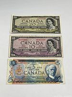 Obverse of the three Canadian bank notes showing denominations and portraits