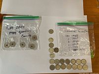 Overall view of two labelled bags and grouped coins