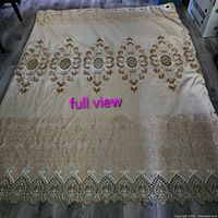Full view of an embroidered curtain panel showing intricate medallions, scrollwork, and lace border.