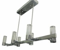 Full view of the chandelier showcasing six bubble glass cylinders mounted on a polished chrome horizontal bar suspended by two rods from a rectangular canopy.