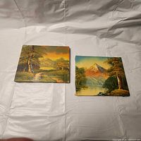 Both oil paintings laid flat on white cloth showing landscape scenes, one orange sky meadow and one mountain lake.