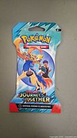 Front of sealed Pokémon Journey Together Trading Card Game booster pack featuring Scorbunny and Hop characters.