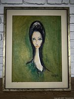 Full view of the framed painting depicting a stylized woman with green background.