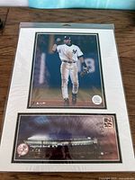 Framed postal art with photo of Derek Jeter in Yankees uniform and 2004 first day cover below.