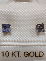 Pair of 10K gold stud earrings with square-cut iolite gemstones displayed in a white cushioned earring holder with 10 KT. GOLD text visible.