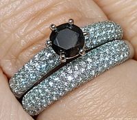 Close-up photo showing the silver ring with black cubic zirconia center stone and pavé clear stones on band.