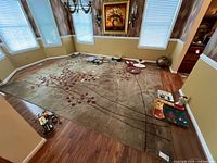 Photo showing large beige area rug on hardwood floor with red leaf and brown branch pattern, surrounded by household items.