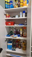 Full view of cleaning supply cabinet with shelves containing a variety of cleaning products in sprays, liquids, and containers.