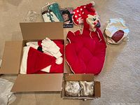 Photo shows boxed red Santa suit with white trim, white beard and gloves, red Santa hat, red padded clown costume, clown mask with colorful wig, and Statue of Liberty costume accessories.