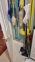 Closet with various cleaning tools including mops, dusters, and brooms hanging on hooks.