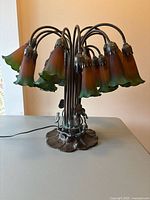 Full view of lamp lit with glass shades