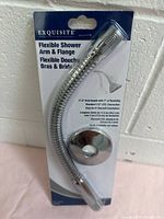 Front of sealed retail package showing flexible shower arm and flange