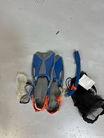 Full set showing fins, snorkel, mask and mesh bag