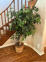 Artificial Ficus tree with green leaves in natural woven basket positioned beside stairs.