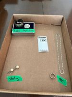 Set of pearl earrings, plain band ring size 8, 925 chain necklace, labelled sterling silver pieces.