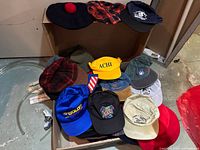 View of 13 assorted hats in a box including berets, baseball caps, bucket hats, and toques in various colors and logos.