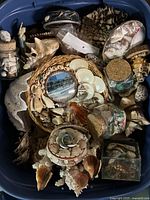 Photo showing a blue tote filled with various shell decor items including shell trinket boxes, assorted shells, and corked glass jars.